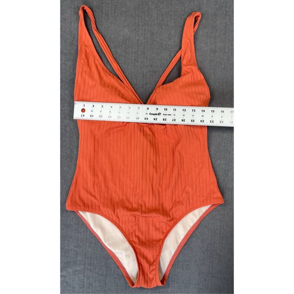 Kona Sol One Piece Swimsuit Women XL Orange Ribbed Ring Front V Neck Summer Swim - Picture 3 of 10
